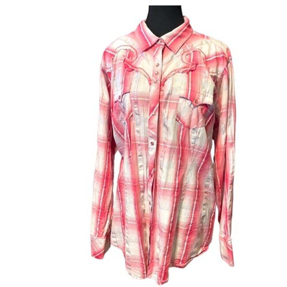 Ariat Plus Size Western Cowgirl Pearl Snap Shirt Pink Plaid Rodeo Size XXL